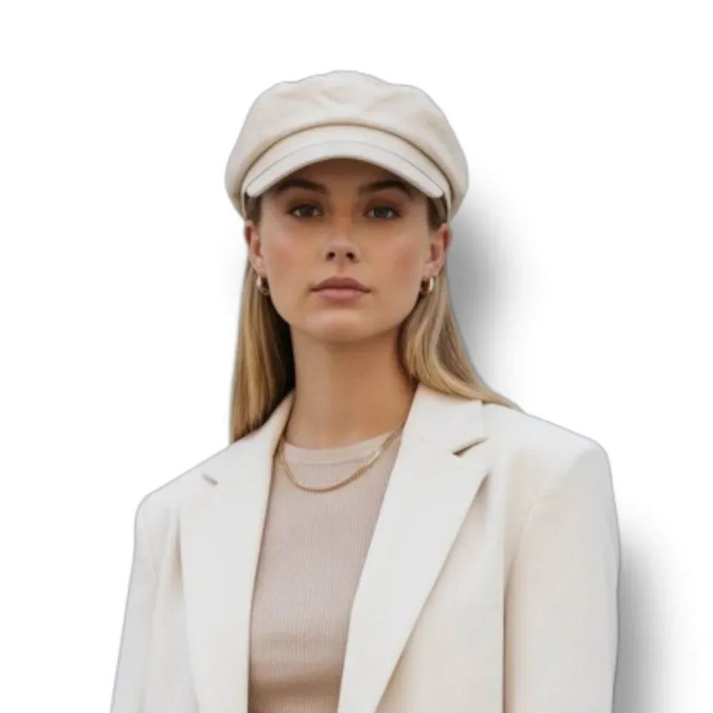 Ivory Beige Faux Leather Newsboy Cap